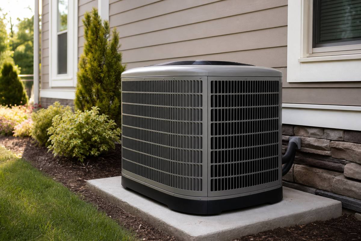 Modern high-efficiency outdoor AC unit beside a stucco home wall